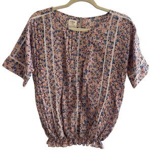 Evolverie Pink Ditsy Floral Peasant Cottage Core Top Women’s Size Small Cotton